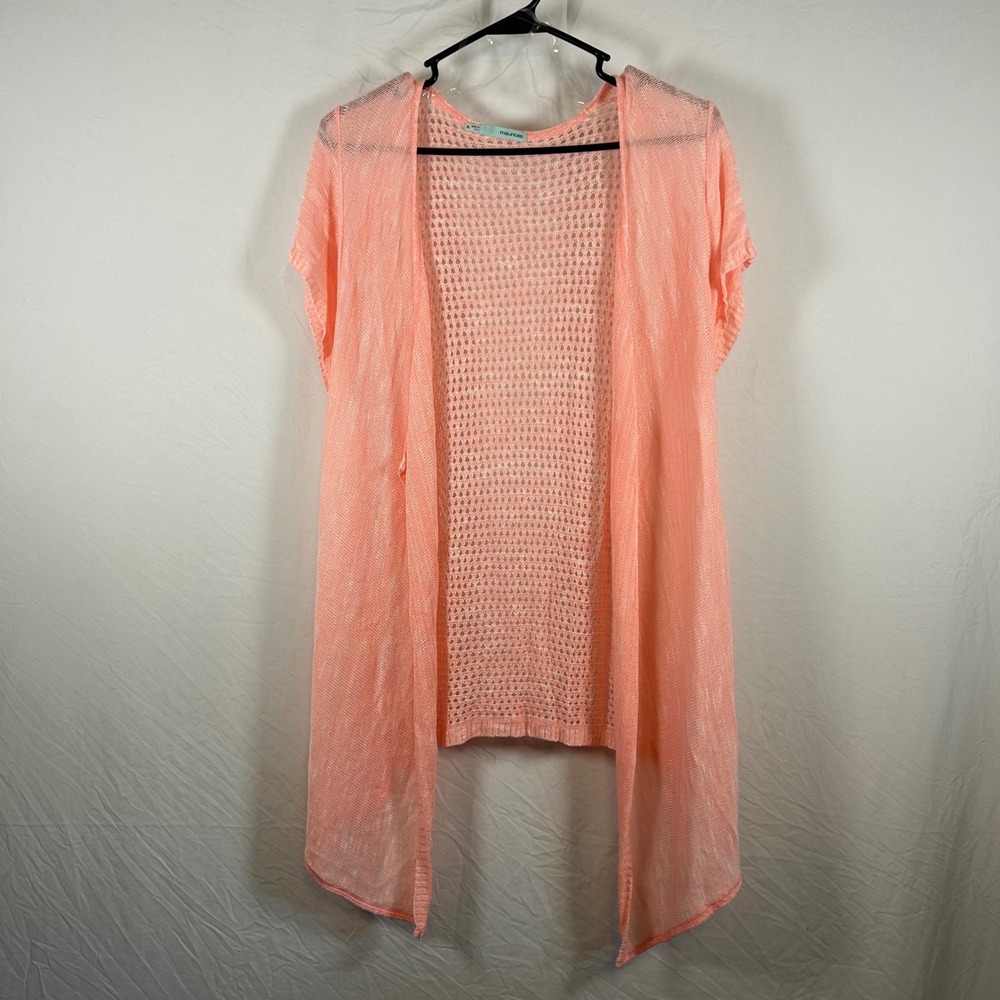 Maurices Womens XL Peach Coral Open Knit Crochet Cardigan Short Sleeve Layering